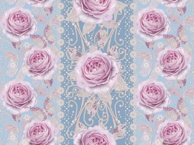 Seamless modeli. Pastel pembe Gül, kelebek dekoratif dekorasyon, desenli öğesi, hassas dokulu gümüş yaprakları yapılmış ince dantel ve inciler, iplik boncuklar, ahbap. Hassas dokuma Ajur.