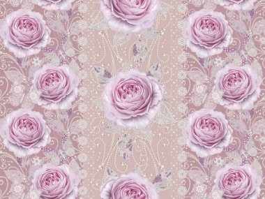 Seamless modeli. Pastel pembe Gül, kelebek dekoratif dekorasyon, desenli öğesi, hassas dokulu gümüş yaprakları yapılmış ince dantel ve inciler, iplik boncuklar, ahbap. Hassas dokuma Ajur.