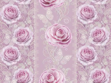 Seamless modeli. Pastel pembe Gül, kelebek dekoratif dekorasyon, desenli öğesi, hassas dokulu gümüş yaprakları yapılmış ince dantel ve inciler, iplik boncuklar, ahbap. Hassas dokuma Ajur.