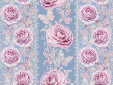 Seamless modeli. Pastel pembe Gül, kelebek dekoratif dekorasyon, desenli öğesi, hassas dokulu gümüş yaprakları yapılmış ince dantel ve inciler, iplik boncuklar, ahbap. Hassas dokuma Ajur.