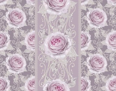 Seamless modeli. Pastel pembe Gül, kelebek dekoratif dekorasyon, desenli öğesi, hassas dokulu gümüş yaprakları yapılmış ince dantel ve inciler, iplik boncuklar, ahbap. Hassas dokuma Ajur.