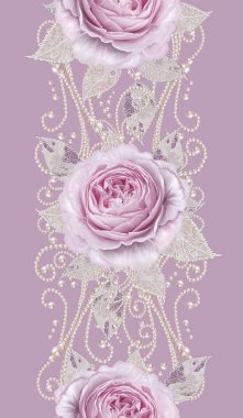 Seamless modeli. Pastel pembe Gül, kelebek dekoratif dekorasyon, desenli öğesi, hassas dokulu gümüş yaprakları yapılmış ince dantel ve inciler, iplik boncuklar, ahbap. Hassas dokuma Ajur.