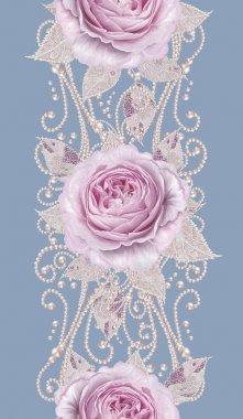 Seamless modeli. Pastel pembe Gül, kelebek dekoratif dekorasyon, desenli öğesi, hassas dokulu gümüş yaprakları yapılmış ince dantel ve inciler, iplik boncuklar, ahbap. Hassas dokuma Ajur.