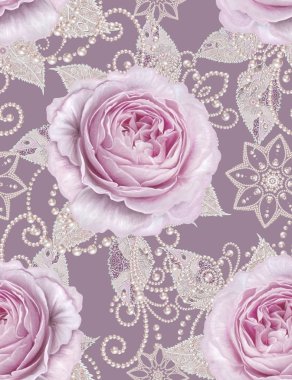 Seamless modeli. Pastel pembe Gül, kelebek dekoratif dekorasyon, desenli öğesi, hassas dokulu gümüş yaprakları yapılmış ince dantel ve inciler, iplik boncuklar, ahbap. Hassas dokuma Ajur.