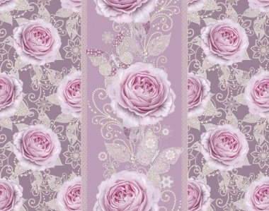 Seamless modeli. Pastel pembe Gül, kelebek dekoratif dekorasyon, desenli öğesi, hassas dokulu gümüş yaprakları yapılmış ince dantel ve inciler, iplik boncuklar, ahbap. Hassas dokuma Ajur.