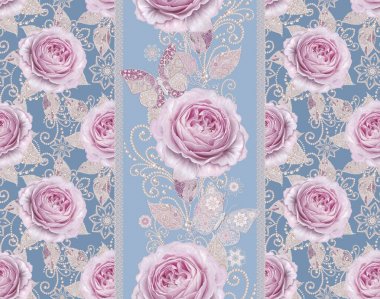 Seamless modeli. Pastel pembe Gül, kelebek dekoratif dekorasyon, desenli öğesi, hassas dokulu gümüş yaprakları yapılmış ince dantel ve inciler, iplik boncuklar, ahbap. Hassas dokuma Ajur.