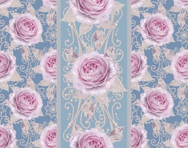 Seamless modeli. Pastel pembe Gül, kelebek dekoratif dekorasyon, desenli öğesi, hassas dokulu gümüş yaprakları yapılmış ince dantel ve inciler, iplik boncuklar, ahbap. Hassas dokuma Ajur.