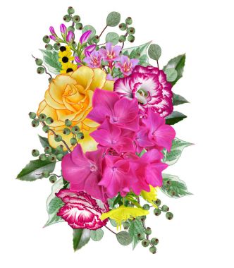 Çiçek arka plan. Buket, kompozisyon çiçekler, ihale pastel pembe Gül, çilek, dalları, yaprakları. Tebrik kartı, davetiye, kartvizit. Beyaz arka plan üzerinde izole.