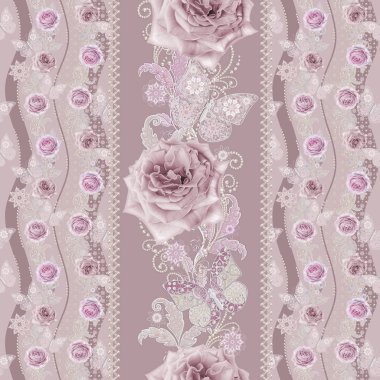Seamless modeli. Pastel pembe Gül, kelebek dekoratif dekorasyon, desenli öğesi, hassas dokulu gümüş yaprakları yapılmış ince dantel ve inciler, iplik boncuklar, ahbap. Hassas dokuma Ajur.