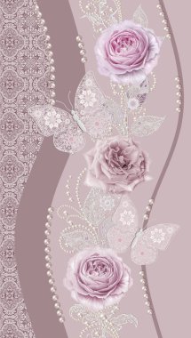 Seamless modeli. Pastel pembe Gül, kelebek dekoratif dekorasyon, desenli öğesi, hassas dokulu gümüş yaprakları yapılmış ince dantel ve inciler, iplik boncuklar, ahbap. Hassas dokuma Ajur.