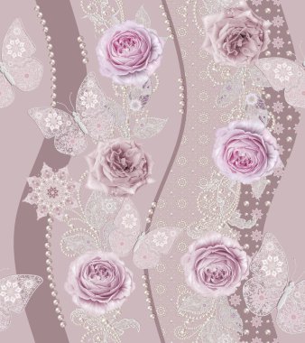 Seamless modeli. Pastel pembe Gül, kelebek dekoratif dekorasyon, desenli öğesi, hassas dokulu gümüş yaprakları yapılmış ince dantel ve inciler, iplik boncuklar, ahbap. Hassas dokuma Ajur.