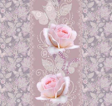 Seamless modeli. Pastel pembe Gül, kelebek dekoratif dekorasyon, desenli öğesi, hassas dokulu gümüş yaprakları yapılmış ince dantel ve inciler, iplik boncuklar, ahbap. Hassas dokuma Ajur.