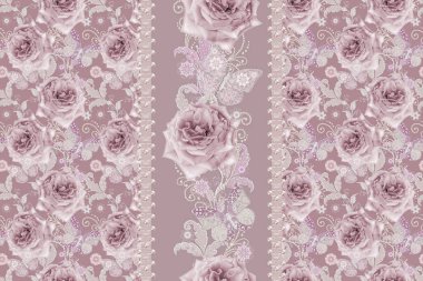 Seamless modeli. Pastel pembe Gül, kelebek dekoratif dekorasyon, desenli öğesi, hassas dokulu gümüş yaprakları yapılmış ince dantel ve inciler, iplik boncuklar, ahbap. Hassas dokuma Ajur.