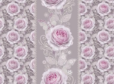 Seamless modeli. Pastel pembe Gül, kelebek dekoratif dekorasyon, desenli öğesi, hassas dokulu gümüş yaprakları yapılmış ince dantel ve inciler, iplik boncuklar, ahbap. Hassas dokuma Ajur.