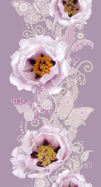 Seamless modeli. Pastel pembe Gül, kelebek dekoratif dekorasyon, desenli öğesi, hassas dokulu gümüş yaprakları yapılmış ince dantel ve inciler, iplik boncuklar, ahbap. Hassas dokuma Ajur.