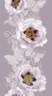 Seamless modeli. Pastel pembe Gül, kelebek dekoratif dekorasyon, desenli öğesi, hassas dokulu gümüş yaprakları yapılmış ince dantel ve inciler, iplik boncuklar, ahbap. Hassas dokuma Ajur.