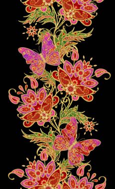 Seamless modeli. Dikey kenarlık. Altın dokulu bukleler. Parlak dantel, stilize çiçek, pembe pastel gül. Narin, altın arka plan, dokuma Ajur Paisley, kuyumcu 's kelebek.