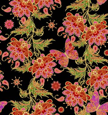 Seamless modeli. Dikey kenarlık. Altın dokulu bukleler. Parlak dantel, stilize çiçek, pembe pastel gül. Narin, altın arka plan, dokuma Ajur Paisley, kuyumcu 's kelebek.