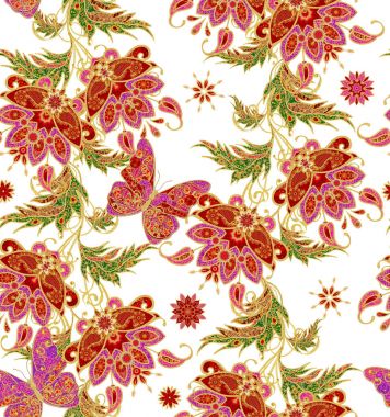 Seamless modeli. Dikey kenarlık. Altın dokulu bukleler. Parlak dantel, stilize çiçek, pembe pastel gül. Narin, altın arka plan, dokuma Ajur Paisley, kuyumcu 's kelebek.