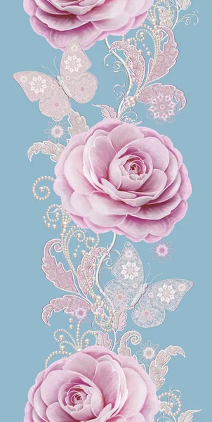 Seamless modeli. Pastel pembe Gül, kelebek dekoratif dekorasyon, desenli öğesi, hassas dokulu gümüş yaprakları yapılmış ince dantel ve inciler, iplik boncuklar, ahbap. Hassas dokuma Ajur.