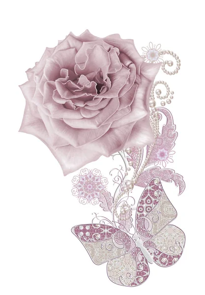 Decorative decoration, paisley element, delicate textured silver leaves made of fine lace and pearls. Jeweled shiny curls, thread from beads, bud pastel pink rose. Openwork weaving delicate — Stock Photo, Image