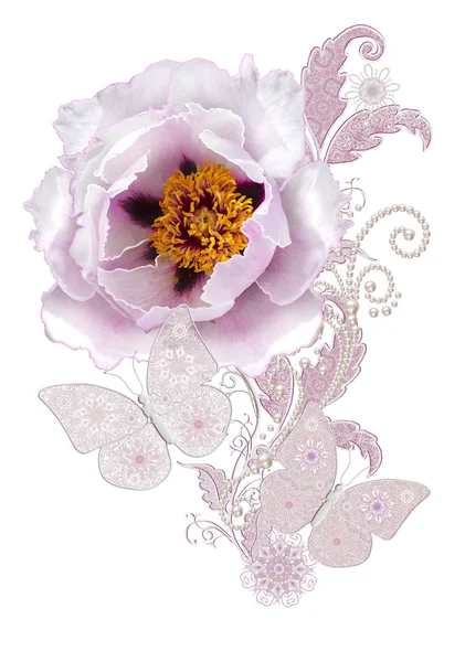 Διακοσμητική διακόσμηση, λαχούρ σχέδιο στοιχείο, λεπτή υφή ασημένια φύλλα κατασκευασμένα από λεπτή δαντέλα και πέρλες. Jeweled λαμπερά μπούκλες, νήμα από χάντρες, bud παστέλ ροζ τριαντάφυλλο. Διάτρητο ύφανση λεπτή — Φωτογραφία Αρχείου