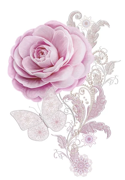 Διακοσμητική διακόσμηση, λαχούρ σχέδιο στοιχείο, λεπτή υφή ασημένια φύλλα κατασκευασμένα από λεπτή δαντέλα και πέρλες. Jeweled λαμπερά μπούκλες, νήμα από χάντρες, bud παστέλ ροζ τριαντάφυλλο. Διάτρητο ύφανση λεπτή — Φωτογραφία Αρχείου