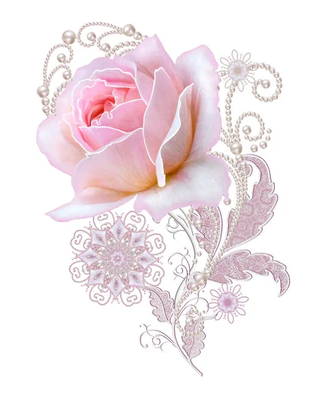 Декоративное украшение, элемент пейсли, нежные текстурированные серебряные листья из мелких кружевов и жемчуга. Драгоценные блестящие кудри, нитки из бусин, бутоньерка розовая роза. Ткань из открытого материала — стоковое фото