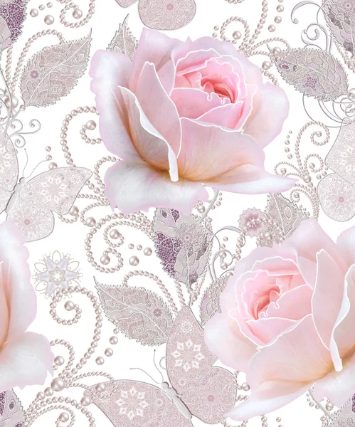 Seamless pattern. Decorative decoration, paisley element, delicate textured silver leaves made of thin lace and pearls, thread of beads, bud pastel pink rose, butterfly. Openwork weaving delicate. — Stock Photo, Image