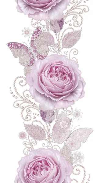 Безшовні візерунки. Декоративне оздоблення, елемент пейслі, ніжне текстуроване срібне листя з тонкого мережива і перлів, нитка з бісеру, бутон пастельно-рожева троянда, метелик. Ажурне плетіння делікатне . — стокове фото