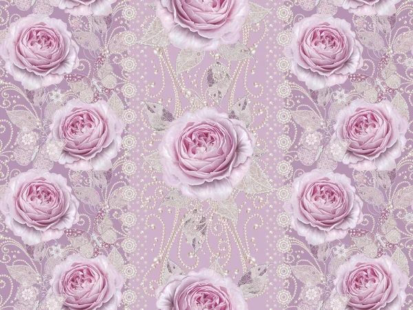Seamless pattern. Decorative decoration, paisley element, delicate textured silver leaves made of thin lace and pearls, thread of beads, bud pastel pink rose, butterfly. Openwork weaving delicate. — Stock Photo, Image