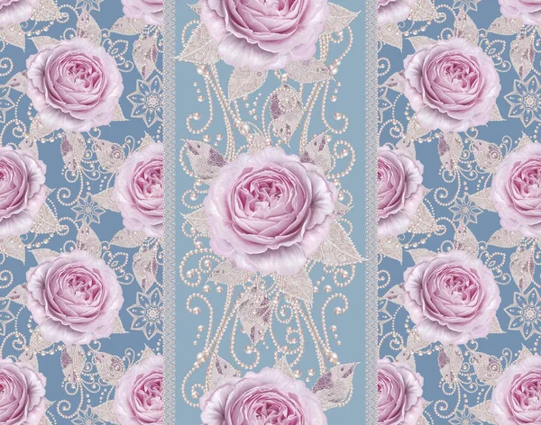 Seamless pattern. Decorative decoration, paisley element, delicate textured silver leaves made of thin lace and pearls, thread of beads, bud pastel pink rose, butterfly. Openwork weaving delicate. — Stock Photo, Image