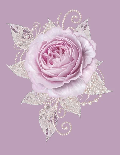 装饰装饰, 佩斯利元素, 精致的纹理银叶制成的细花边和珍珠。宝石闪亮的卷发, 从珠子线, 芽粉彩粉红色的玫瑰。镂空织造精致 — 图库照片