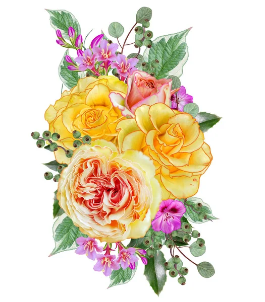 Floral background.Bouquet, composition of flowers, tender pastel pink roses, berries, branches, leaves. Greeting card, invitation, business card. Isolated on white background. — Stock Photo, Image