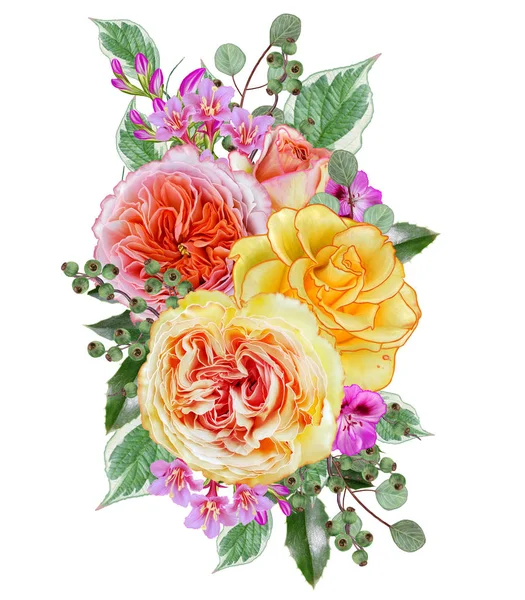 Bouquet, composizione di fiori, teneri rose rosa pastello, bacche, rami, foglie. Biglietto d'auguri, invito, biglietto da visita. Isolato su sfondo bianco . — Foto Stock