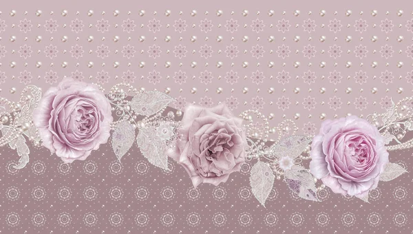 Seamless pattern. Decorative decoration, paisley element, delicate textured silver leaves made of thin lace and pearls, thread of beads, bud pastel pink rose, butterfly. Openwork weaving delicate. — Stock Photo, Image