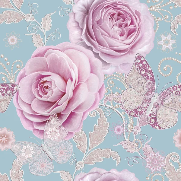 Безшовні візерунки. Декоративне оздоблення, елемент пейслі, ніжне текстуроване срібне листя з тонкого мережива і перлів, нитка з бісеру, бутон пастельно-рожева троянда, метелик. Ажурне плетіння делікатне . — стокове фото