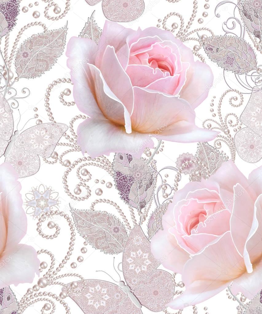 Seamless pattern. Decorative decoration, paisley element, delicate textured silver leaves made of thin lace and pearls, thread of beads, bud pastel pink rose, butterfly. Openwork weaving delicate.