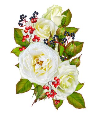 Çiçek arka plan. Buket, kompozisyon çiçekler, ihale pastel pembe Gül, çilek, dalları, yaprakları. Tebrik kartı, davetiye, kartvizit. Beyaz arka plan üzerinde izole.