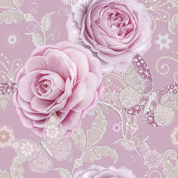 Naadloze patroon. Decoratieve decoratie, paisley element, delicate textuur zilveren bladeren gemaakt van dunne kant en parels, draad van kralen, bud pastel roze roos, vlinder. Opengewerkte weven delicate. — Stockfoto