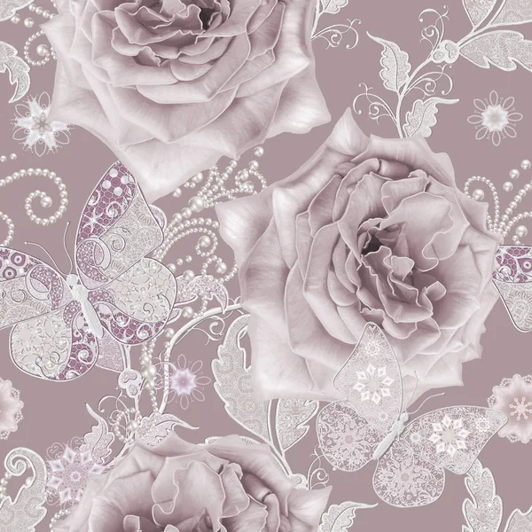 Seamless pattern. Decorative decoration, paisley element, delicate textured silver leaves made of thin lace and pearls, thread of beads, bud pastel pink rose, butterfly. Openwork weaving delicate. — Stock Photo, Image