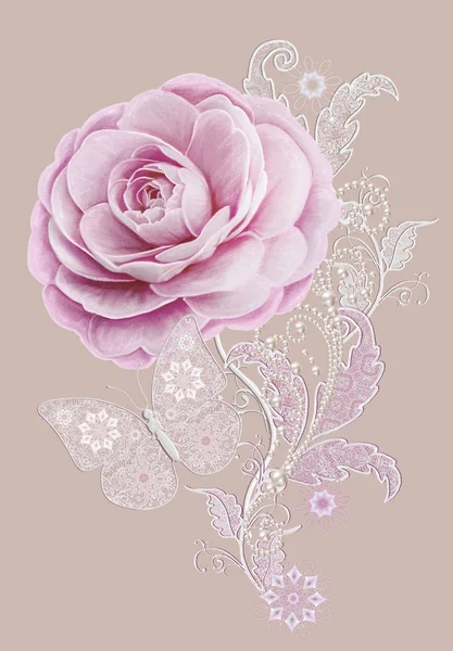 Decorative decoration, paisley element, delicate textured silver leaves made of fine lace and pearls. Jeweled shiny curls, thread from beads, bud pastel pink rose. Openwork weaving delicate, butterfly — Stock Photo, Image