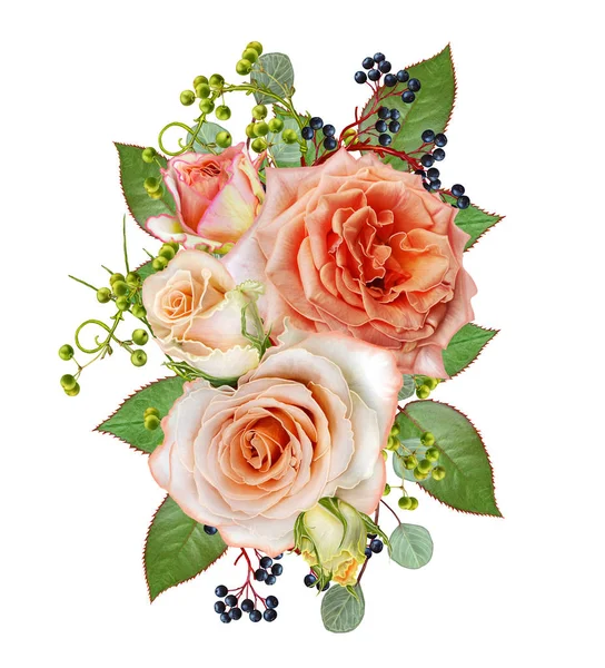Bouquet, composizione di fiori, teneri rose rosa pastello, bacche, rami, foglie. Biglietto d'auguri, invito, biglietto da visita. Isolato su sfondo bianco . — Foto Stock