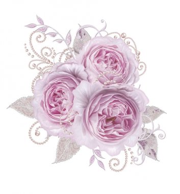 Dekoratif dekorasyon, desenli eleman, hassas dokulu gümüş yaprakları yapılmış güzel dantel ve inci. Mücevherli parlak bukleler, boncuklar, iş parçacığından pastel pembe Gül ahbap. Hassas dokuma Ajur