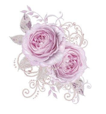 Dekoratif dekorasyon, desenli eleman, hassas dokulu gümüş yaprakları yapılmış güzel dantel ve inci. Mücevherli parlak bukleler, boncuklar, iş parçacığından pastel pembe Gül ahbap. Hassas dokuma Ajur