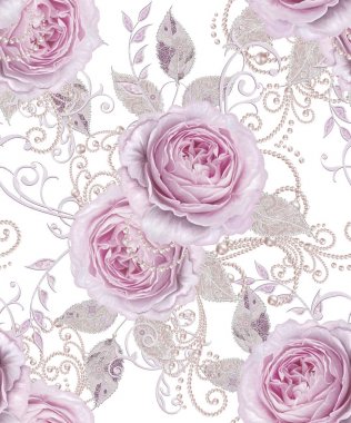 Seamless modeli. Dekoratif dekorasyon, desenli öğesi, hassas dokulu gümüş yaprakları yapılmış ince dantel ve inciler, iplik boncuklar, pastel pembe Gül ahbap. Hassas dokuma Ajur.