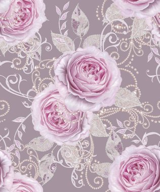 Seamless modeli. Dekoratif dekorasyon, desenli öğesi, hassas dokulu gümüş yaprakları yapılmış ince dantel ve inciler, iplik boncuklar, pastel pembe Gül ahbap. Hassas dokuma Ajur.
