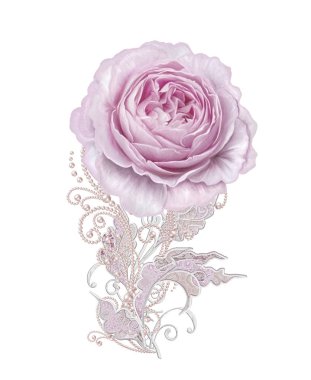 Dekoratif dekorasyon, desenli eleman, hassas dokulu gümüş yaprakları yapılmış güzel dantel ve inci. Mücevherli parlak bukleler, boncuklar, iş parçacığından pastel pembe Gül ahbap. Hassas dokuma Ajur