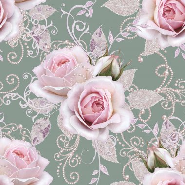 Seamless modeli. Dekoratif dekorasyon, desenli öğesi, hassas dokulu gümüş yaprakları yapılmış ince dantel ve inciler, iplik boncuklar, pastel pembe Gül ahbap. Hassas dokuma Ajur.