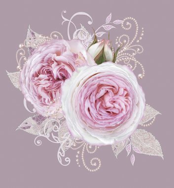 Dekoratif dekorasyon, desenli eleman, hassas dokulu gümüş yaprakları yapılmış güzel dantel ve inci. Mücevherli parlak bukleler, boncuklar, iş parçacığından pastel pembe Gül ahbap. Hassas dokuma Ajur